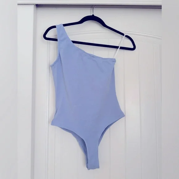 One Shoulder Bodysuit Dusty Blue Snaps at Bottom Excellent condition Size Small - Picture 4 of 4